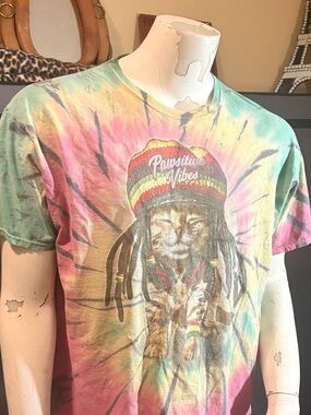 DOM Pawsitive Vibes Rasta Cat Tie Dye Graphic Tee XL